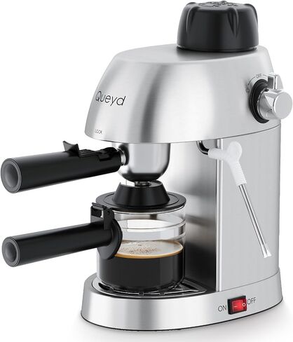 Queyd 3.5 Bar Espresso Machine,4-Cup Stainless Steel Coffee Maker with Steam Milk Frother, Compact Design Coffee Machine with Removable Drip Tray for Latte and Cappuccino, Silver in Saudi Arabia