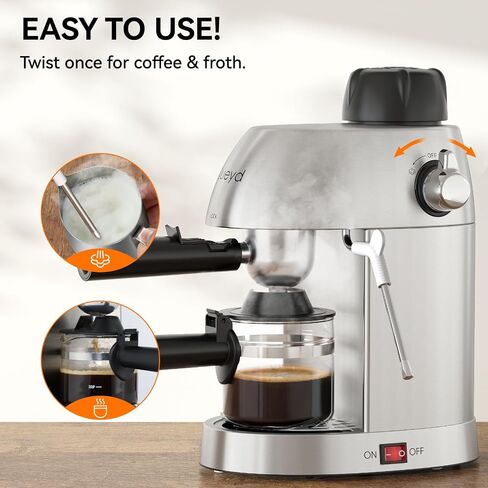 Queyd 3.5 Bar Espresso Machine,4-Cup Stainless Steel Coffee Maker with Steam Milk Frother, Compact Design Coffee Machine with Removable Drip Tray for Latte and Cappuccino, Silver in Saudi Arabia