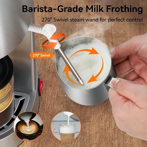 Queyd 3.5 Bar Espresso Machine,4-Cup Stainless Steel Coffee Maker with Steam Milk Frother, Compact Design Coffee Machine with Removable Drip Tray for Latte and Cappuccino, Silver in Saudi Arabia