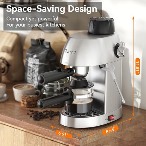 Queyd 3.5 Bar Espresso Machine,4-Cup Stainless Steel Coffee Maker with Steam Milk Frother, Compact Design Coffee Machine with Removable Drip Tray for Latte and Cappuccino, Silver in Saudi Arabia