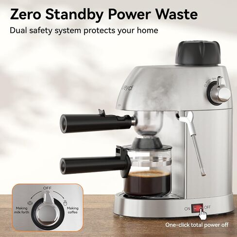 Queyd 3.5 Bar Espresso Machine,4-Cup Stainless Steel Coffee Maker with Steam Milk Frother, Compact Design Coffee Machine with Removable Drip Tray for Latte and Cappuccino, Silver in Saudi Arabia
