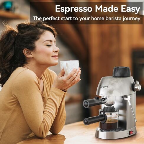 Queyd 3.5 Bar Espresso Machine,4-Cup Stainless Steel Coffee Maker with Steam Milk Frother, Compact Design Coffee Machine with Removable Drip Tray for Latte and Cappuccino, Silver in Saudi Arabia