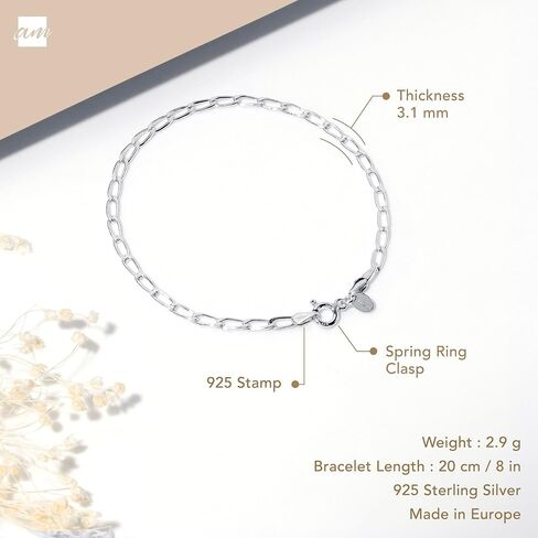 Amberta Women's 925 Sterling Silver Link Chain Bracelet for Charms (Adjustable) in Saudi Arabia