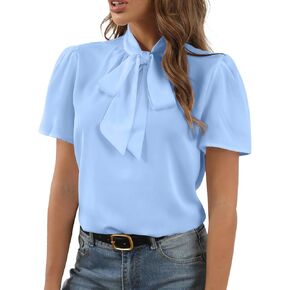 Rooscier Women's Bow Tie Knot Mock Neck Short Sleeve Elegant Workwear Blouse Shirt Top in Saudi Arabia