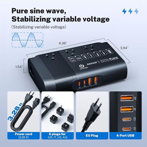 محول جهد Doace 500W Universal 220V إلى 110 فولت ، محول محول سدادات السفر الأوروبي النقي موجة ، محول لنا إلى معظم أوروبا ， UK/AU/EU/IT مع 3 منافذ أمريكية و 4 USB in Kuwait