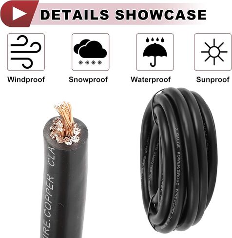 1 مجموعة سلك أرضي معزول بالكامل وليسك سترة طاقة سلك أنابيب تقلص الحرارة 1/0 مقياس 12V 20ft أسود CCA in Kuwait