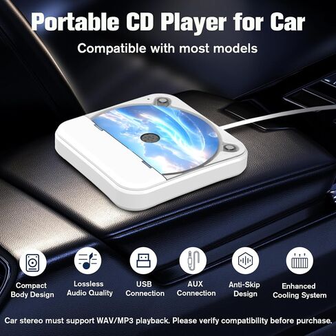 مشغل الأقراص المضغوطة المحمولة للسيارة مع USB & AUX-محرك أقراص مضغوطة خارجي عالمي مع مضاد للسلاح ، كابل امتداد USB ، قابس وتشغيل للسيارة ، الكمبيوتر المحمول ، التلفزيون-متوافق مع Android 4.4+ in Saudi Arabia