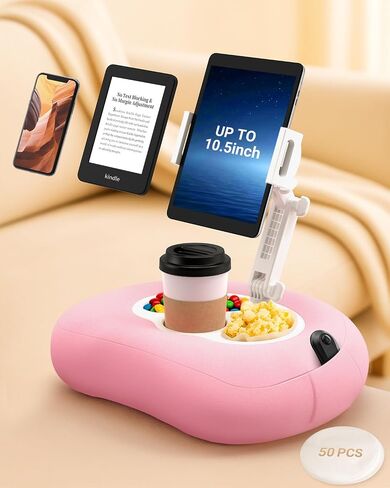 Kindle Pillow Stand for Bed, Adjustable Tablet & Phone Holder for iPad, Kindle, Couch – Snack & Drink Holders, 50 Disposable Liners & Washable Pillow Cover(Pink) in Kuwait