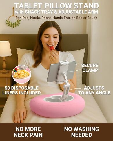 Kindle Pillow Stand for Bed, Adjustable Tablet & Phone Holder for iPad, Kindle, Couch – Snack & Drink Holders, 50 Disposable Liners & Washable Pillow Cover(Pink) in Kuwait