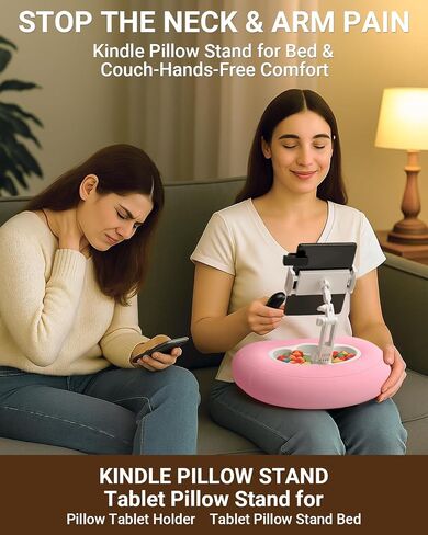 Kindle Pillow Stand for Bed, Adjustable Tablet & Phone Holder for iPad, Kindle, Couch – Snack & Drink Holders, 50 Disposable Liners & Washable Pillow Cover(Pink) in Kuwait