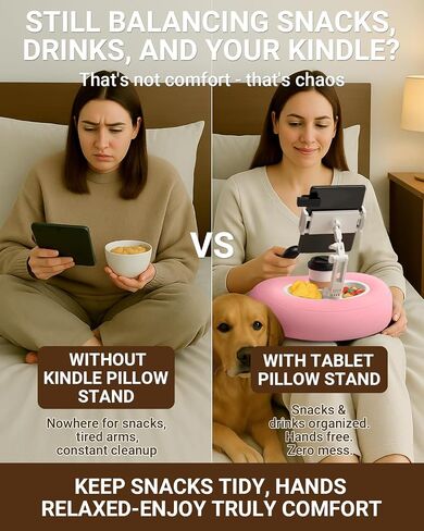 Kindle Pillow Stand for Bed, Adjustable Tablet & Phone Holder for iPad, Kindle, Couch – Snack & Drink Holders, 50 Disposable Liners & Washable Pillow Cover(Pink) in Kuwait