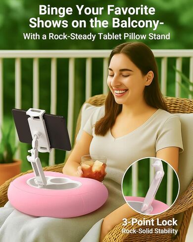 Kindle Pillow Stand for Bed, Adjustable Tablet & Phone Holder for iPad, Kindle, Couch – Snack & Drink Holders, 50 Disposable Liners & Washable Pillow Cover(Pink) in Kuwait
