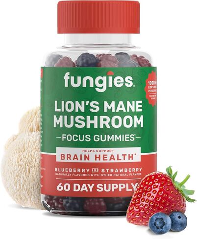 Fungies Lion's Mane Mushroom Brain Health Gummies - Promotes Focus, Memory, and Mood - 60 Count (Natural Blueberry and Strawberry Flavor, Gelatin-Free, Gluten-Free, Non-GMO, Vegan) in Kuwait