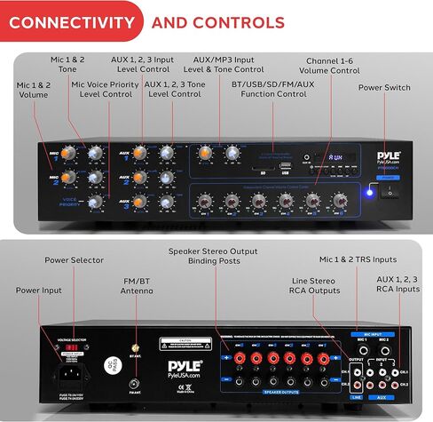 جهاز استقبال مضخم بلوتوث 6-القنوات Pyle ، نظام ستيريو صوتي منزلي 4200W مع التحكم متعدد المناطق ، MIC Talkover ، Radio FM ، تشغيل USB ، RCA/AUX & 2 MICS INPUT ، عرض LED ، (16.9 "× 11.5" × 3.4 ") in Kuwait