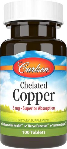 Carlson - Chelated Copper, 5 mg, Superior Absorption, Cardiovascular Health, Nerve Function & Immune Support, 100 Tablets in Saudi Arabia