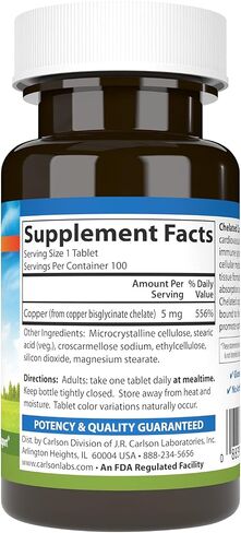 Carlson - Chelated Copper, 5 mg, Superior Absorption, Cardiovascular Health, Nerve Function & Immune Support, 100 Tablets in Saudi Arabia