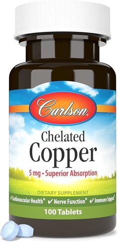 Carlson - Chelated Copper, 5 mg, Superior Absorption, Cardiovascular Health, Nerve Function & Immune Support, 100 Tablets in Saudi Arabia