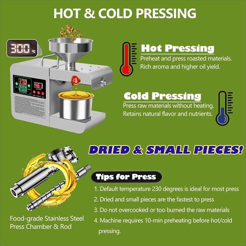 850W Automatic Oil Press Machine, Hot & Cold Press Oil Machine for Home Commercial, 110V 104~572°F Electric Oil Extractor for Walnut Olive Kernel Peanut Sesame Coconut Soybean Sunflower Seeds in Saudi Arabia