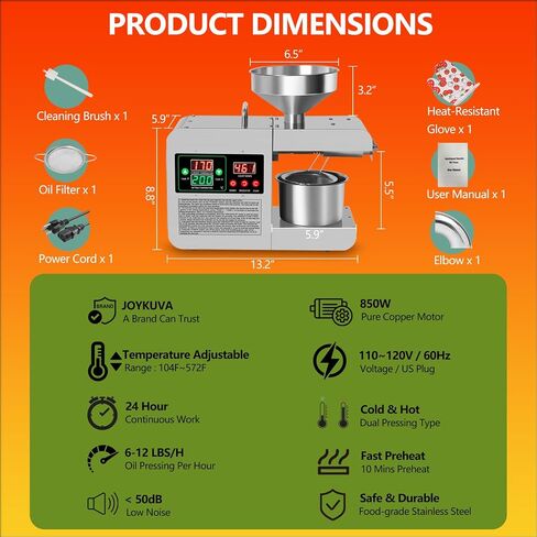 850W Automatic Oil Press Machine, Hot & Cold Press Oil Machine for Home Commercial, 110V 104~572°F Electric Oil Extractor for Walnut Olive Kernel Peanut Sesame Coconut Soybean Sunflower Seeds in Saudi Arabia