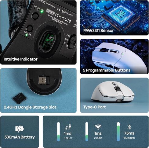 Epomaker Click Lite Wireless Gaming Mouse ، من 800 إلى 12000 نقطة في البوصة قابلة للتعديل ، مستشعر PAW3311 ، 500 مللي أمبير ، 59G ، 2.4G/BT/USB-C الماوس القابل لإعادة الشحن مع 5 أزرار قابلة للبرمجة للكمبيوتر الشخصي/MAC/Linux (أبيض) in Kuwait