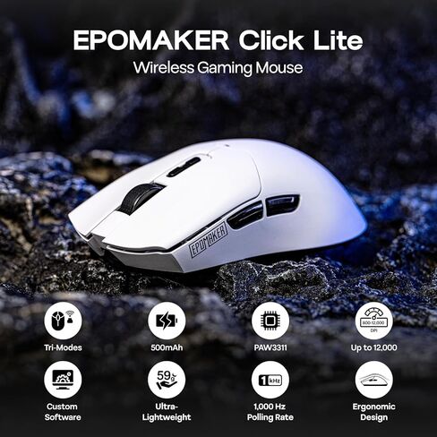 Epomaker Click Lite Wireless Gaming Mouse ، من 800 إلى 12000 نقطة في البوصة قابلة للتعديل ، مستشعر PAW3311 ، 500 مللي أمبير ، 59G ، 2.4G/BT/USB-C الماوس القابل لإعادة الشحن مع 5 أزرار قابلة للبرمجة للكمبيوتر الشخصي/MAC/Linux (أبيض) in Kuwait