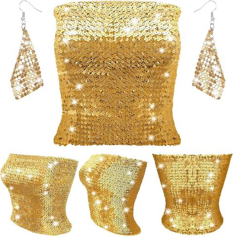 Women's Sparkly Sequin Crop Tops Strapless Metallic Tube Tops with Metal Mesh Drop Dangle Earrings for Party Clubwear (Gold) in Saudi Arabia