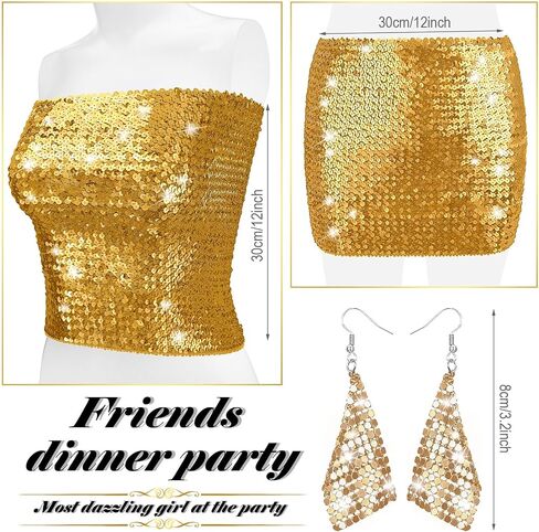 Women's Sparkly Sequin Crop Tops Strapless Metallic Tube Tops with Metal Mesh Drop Dangle Earrings for Party Clubwear (Gold) in Saudi Arabia