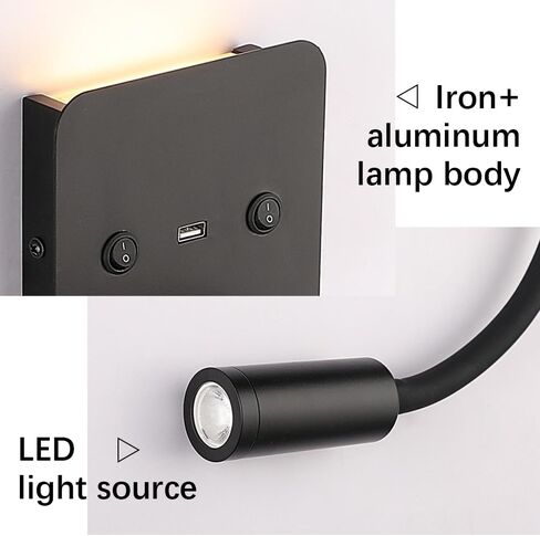 LED Gooseneck Wall Mount Reading Lamp Hardwired Wall Light, Modern Interior Lighting, USB Charging Port, Headboard Lamps for Bedroom Bedside Study Room in Saudi Arabia
