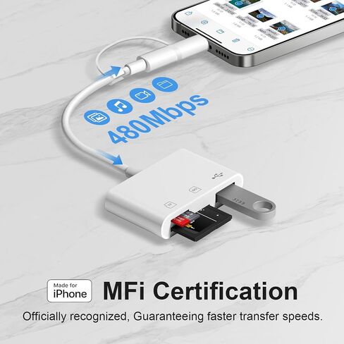 SD Card Reader for iPhone, 3-in-1 Lightning to SD Card Reader Micro SD Digital Camera Adapter Compatible with iPhone 14 13 12 11, Plug & Play in Kuwait