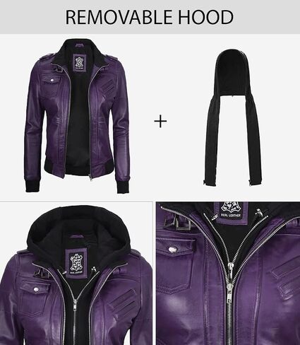 fjackets Womens Leather Jacket - Real Lambksin Bomber Leather Jacket Women With Removable Hood in Kuwait