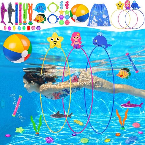 YUJUN 35PCS Pool Diving Swimming Toys, Summer Underwater Game Toys with Pool Fishes Dive Sticks Rings Gems Storage Bag for Kids Swim Birthday Party Favors in Saudi Arabia