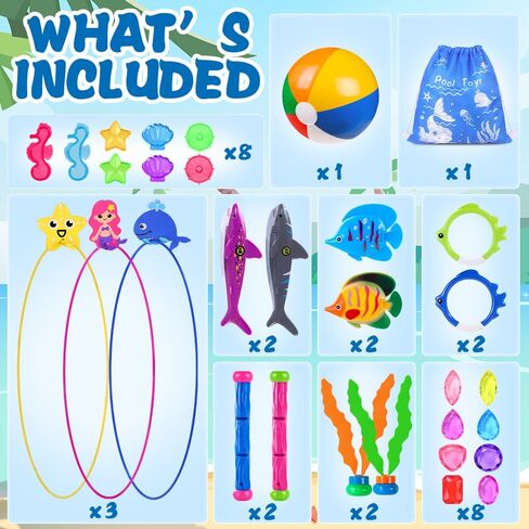 YUJUN 35PCS Pool Diving Swimming Toys, Summer Underwater Game Toys with Pool Fishes Dive Sticks Rings Gems Storage Bag for Kids Swim Birthday Party Favors in Saudi Arabia