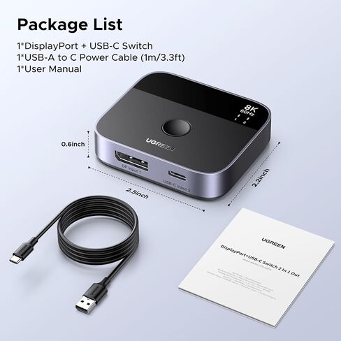 UGREEN 8K@60Hz DisplayPort+USB C Switch 2 in 1 Out DP 1.4 Out Ultra HD Supports 4K@240Hz 3D HDR10+ HDCP2.3 USB-C+DisplayPort Switcher Compatible with Laptops, Computers, Desktop, Steam Deck in Saudi Arabia