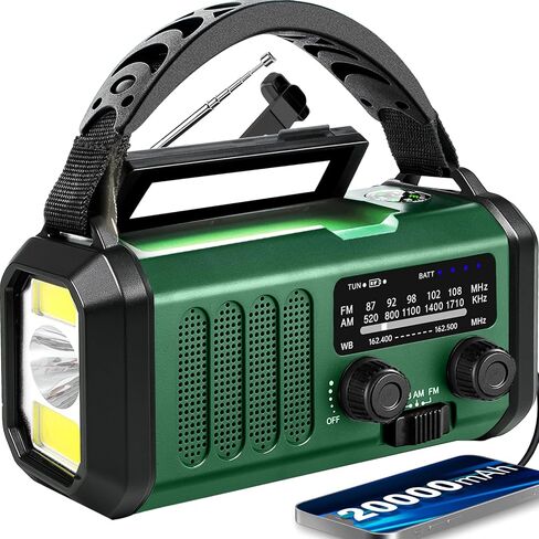 طوارئ راديو 20000 مللي أمبير في الساعة NOAA/AM/FM مع شحن 74000MWH USB/SOLAR/HAND CRANK ، تعمل بطارية ، إنذار SOS ومصباح يدوي لحالات الطوارئ الداخلية/الخارجية (الأخضر) in Saudi Arabia