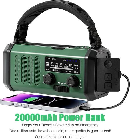 طوارئ راديو 20000 مللي أمبير في الساعة NOAA/AM/FM مع شحن 74000MWH USB/SOLAR/HAND CRANK ، تعمل بطارية ، إنذار SOS ومصباح يدوي لحالات الطوارئ الداخلية/الخارجية (الأخضر) in Saudi Arabia