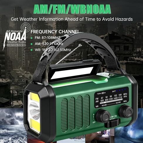 طوارئ راديو 20000 مللي أمبير في الساعة NOAA/AM/FM مع شحن 74000MWH USB/SOLAR/HAND CRANK ، تعمل بطارية ، إنذار SOS ومصباح يدوي لحالات الطوارئ الداخلية/الخارجية (الأخضر) in Saudi Arabia
