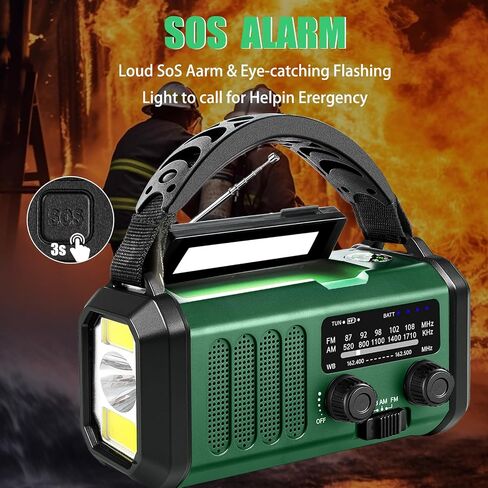طوارئ راديو 20000 مللي أمبير في الساعة NOAA/AM/FM مع شحن 74000MWH USB/SOLAR/HAND CRANK ، تعمل بطارية ، إنذار SOS ومصباح يدوي لحالات الطوارئ الداخلية/الخارجية (الأخضر) in Saudi Arabia