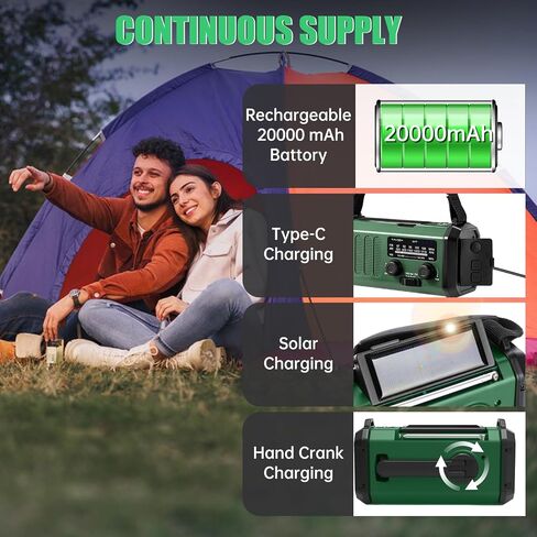 طوارئ راديو 20000 مللي أمبير في الساعة NOAA/AM/FM مع شحن 74000MWH USB/SOLAR/HAND CRANK ، تعمل بطارية ، إنذار SOS ومصباح يدوي لحالات الطوارئ الداخلية/الخارجية (الأخضر) in Saudi Arabia