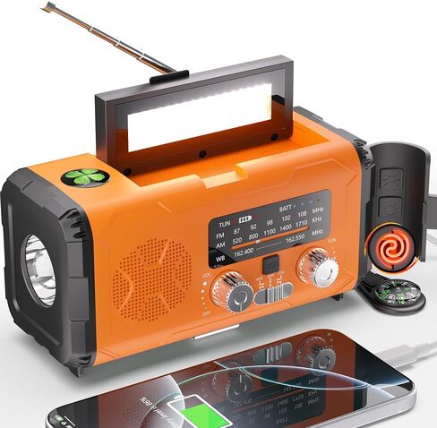راديو الطقس الطوارئ NOAA AM FM مع 10000 مللي أمبير في الساعة Power Bank & Fire Starter و Solar/Hand Crank/USB-C الشحن السريع ، SOS Alarm ، المصباح للبقاء في الهواء الطلق في الهواء الطلق للمعسكر والبرمجيين in Saudi Arabia
