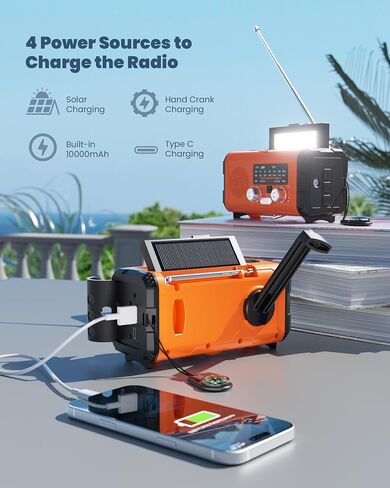 راديو الطقس الطوارئ NOAA AM FM مع 10000 مللي أمبير في الساعة Power Bank & Fire Starter و Solar/Hand Crank/USB-C الشحن السريع ، SOS Alarm ، المصباح للبقاء في الهواء الطلق في الهواء الطلق للمعسكر والبرمجيين in Saudi Arabia