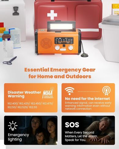 راديو الطقس الطوارئ NOAA AM FM مع 10000 مللي أمبير في الساعة Power Bank & Fire Starter و Solar/Hand Crank/USB-C الشحن السريع ، SOS Alarm ، المصباح للبقاء في الهواء الطلق في الهواء الطلق للمعسكر والبرمجيين in Saudi Arabia