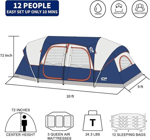 Campros CP Tent 12-spoling-spaming-tents ، 3 Torts Family Tents ، خيمة عائلية مقاومة للرياح مع طراز Rainfly أعلى ، 6 نوافذ شبكية كبيرة ، طبقة مزدوجة ، إعداد سهلة ، محمولة مع حقيبة تحمل 20 '× 9' × 72 "(H) in Kuwait