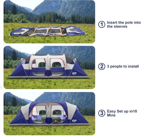 Campros CP Tent 12-spoling-spaming-tents ، 3 Torts Family Tents ، خيمة عائلية مقاومة للرياح مع طراز Rainfly أعلى ، 6 نوافذ شبكية كبيرة ، طبقة مزدوجة ، إعداد سهلة ، محمولة مع حقيبة تحمل 20 '× 9' × 72 "(H) in Kuwait