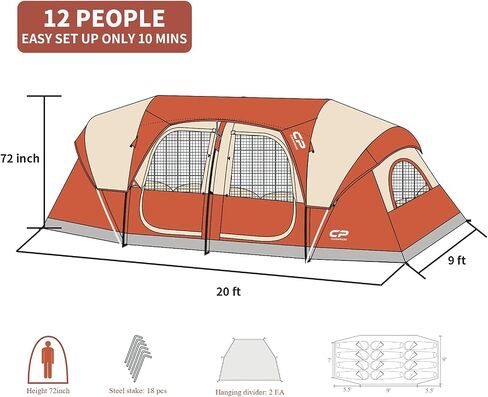 CAMPROS CP Tent 12-Person-Camping-Tents,3 Room Family Tents,Waterproof Windproof Family Tent with Top Rainfly,6 Large Mesh Windows,Double Layer,Easy Set Up, Portable with Carry Bag-20' x 9' x 72"(H) in Saudi Arabia