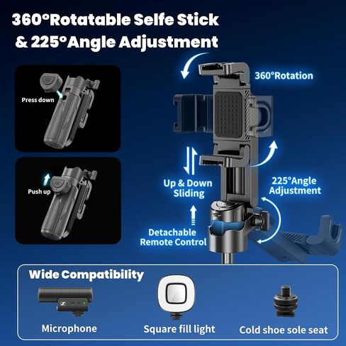 Mini Selfie Stick, Pocket Size Extendable Phone Holder with Wireless Detachable Remote Control for Content Creation/Vlog/Video Record/Live Stream in Saudi Arabia
