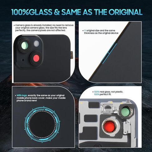 AgCut for iPhone 14 Back Glass Plass for iPhone 14 الخلفية الخلفية مع كابل فليكس الشحن اللاسلكي+مصباح يدوي+ميكروفون+إطار الكاميرا جميع الأجزاء (الأزرق) in Saudi Arabia