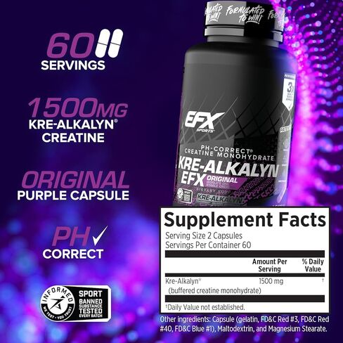 مسحوق EFX Sports Kre-Alkalyn EFX | مكمل مسحوق الكرياتين مونوهيدراتي الصحيح لدرجة الحموضة | القوة ونمو العضلات والأداء | 66 حصة (بدون نكهة) in Kuwait