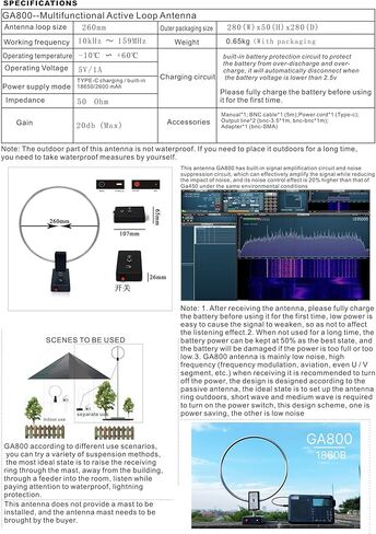 GA800 Loop Antenna, WOOKLEA Portable Active Shortwave Antenna 10kHz-159MHz, with BNC Cable, LW MW SW FM Air V Band, Used for Amateur Radio (Free of Tuning) in Saudi Arabia