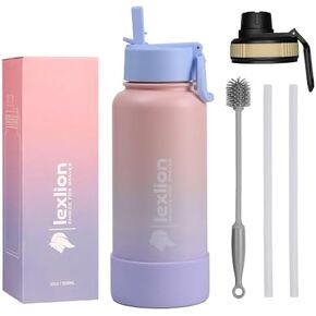 Lexlion Water Bottle 14 Oz, Triple Walled Insulated Stainless Steel Odor & Strain Resistant Reusable Bottle, 1 straw Lid, Leakproof, Metal Mug Gallon, BPA Free, Blue Zoo in Saudi Arabia
