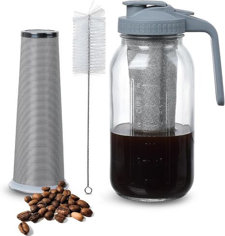 Cold Brew Coffee Maker Pitcher 64-ounce Glass Wide Mouth Mason Jar with Stainless Steel Filter and Pour Spout Handle Lid (Black, 64Ounce) in Kuwait